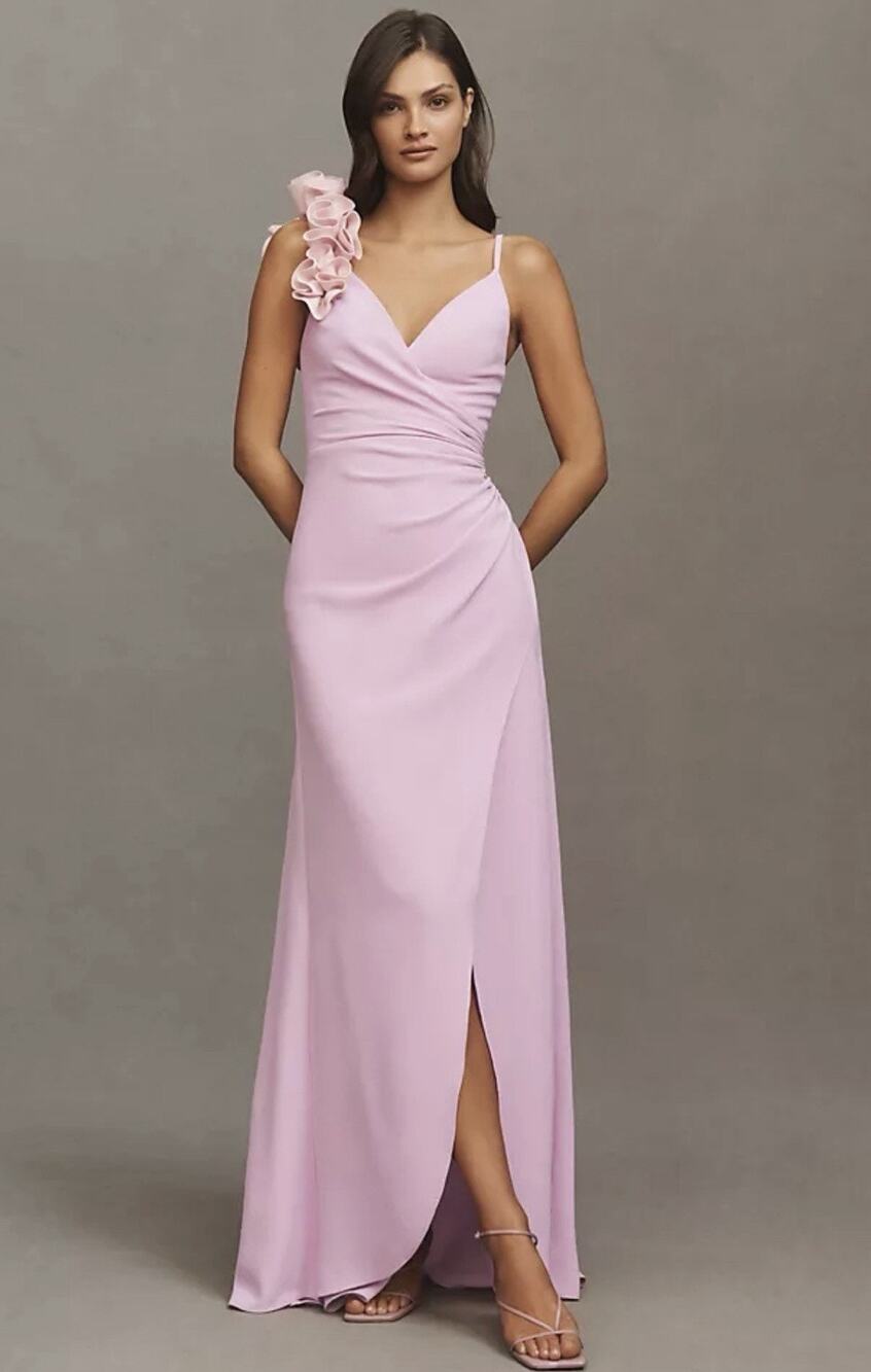 DRESS THE POPULATION Anthropologie Lavender Camelia Ruffle Maxi Dress M NWT FLAW
